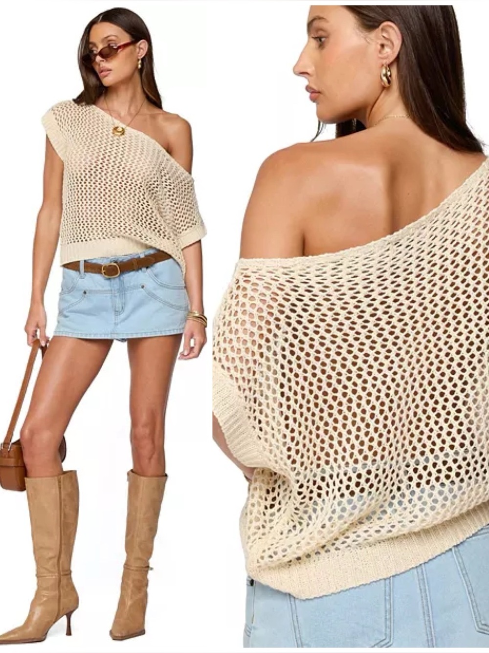 Edikted Trix Off Shoulder Open Knit Sweater in Cream